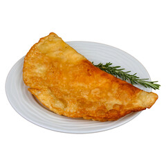 Golden fried empanada with rosemary garnish on white plate. 