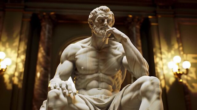 Detailed Marble Sculpture of a Bearded Man in Deep Thought in Golden Lit Hall