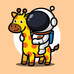 Naklejka premium Cute Astronaut Hugging Giraffe Illustration for Space Cartoon Character and Animal Friendship Concept