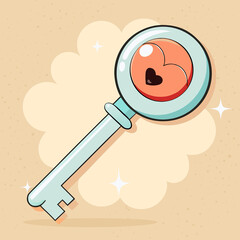Cute, cartoon illustration of an antique key with a heart-shaped hole in the head, sparkling on a dreamy, peach background.
