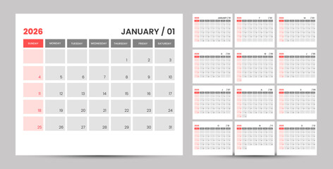 2026 Calendar. 12 Pages for 2026 Monthly Calendar Template and one page wall calendar template. Clean and Simple Design ready to print. 2026 Wall and office desk Planner Calendar.