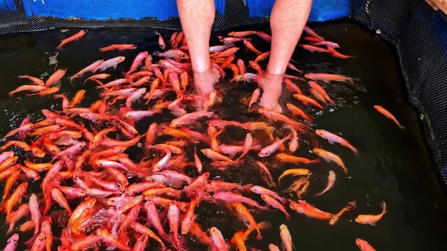 Top down view of a person's feet in a fish spa as a school of small red garra rufa fish nibble and exfoliate the skin in Koggala Sri Lanka