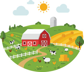 Naklejka premium Charming rural farm scene with red barn animals and green fields on a sunny day isolated on transparent background