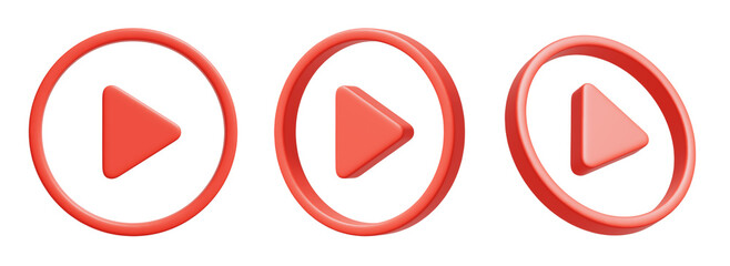 丸で囲まれたシンプルな再生マークの3DCGイラスト。様々な角度の赤い矢印のバラエティセット