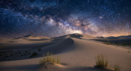 Vast Desert Dunes Under a Starry Milky Way Galaxy Sky