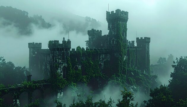Ancient castle shrouded in mist and overgrown with vegetation and vines in a dreamscape