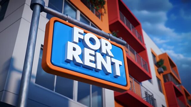 For Rent Sign against Modern Apartment Building on Sunny Day