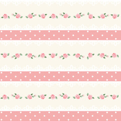 Vintage Floral Lace Pattern with Roses and Polka Dots on Cream Background