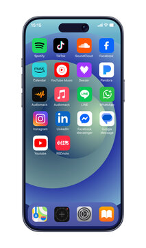 Social media and music app icons on iPhone home screen &mdash; Facebook, TikTok, Instagram, YouTube, WhatsApp, Spotify, LinkedIn, SoundCloud, and Deezer mobile interface layout mockup