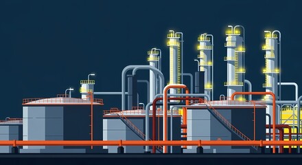 Obraz premium Modern Industrial Plant at Night with Glowing Lights and Structures