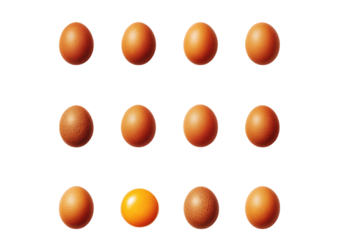 Brown eggs grid one yellow yolk isolated black background, Isolated On Transparent Background, Png
