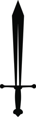 Classic medieval broadsword standing upright in a stark black silhouette against a white background
