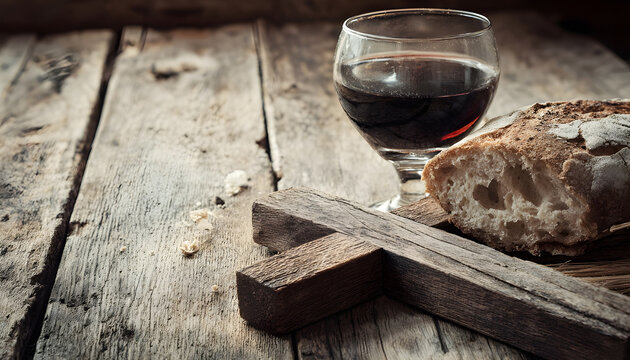 Rustic wooden cross alongside a glass of red wine and a piece of bread on a vintage wooden surface