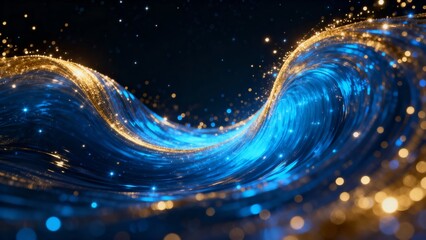 Obraz premium A mesmerizing digital artwork featuring a flowing, luminous wave of blue and gold particles, creating a dynamic and ethereal visual effect.