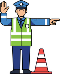 Traffic police officer illustration with safety vest, hand signal and direction control, road safety enforcement, cartoon design, transportation law concept with cone