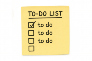 Yellow sticky note showing a to-do list with a completed task and tasks remaining, concept of planning and organization on transparent background