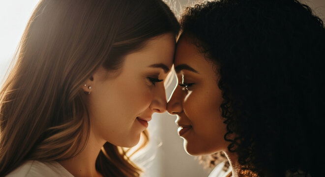 A tender, intimate moment between two women, their foreheads touching as they share a soft smile. The lighting is warm and golden, creating a gentle, romantic atmosphere. Shot with a soft focus, isola