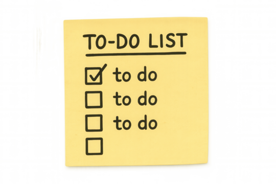 Yellow sticky note showing a to-do list with a completed task and tasks remaining, concept of planning and organization on transparent background