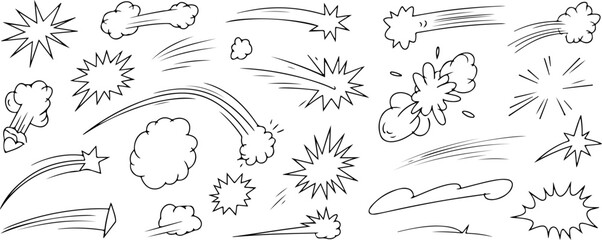 Explosion starburst burst comic speech bubble shapes collection hand drawn doodle elements vector