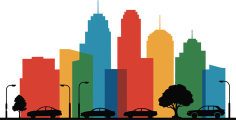 Colorful abstract cityscape skyline with cars and trees silhouette