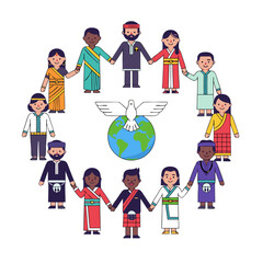 Vector Illustration of Diverse People Holding Hands Around Earth — Global Peace and Unity Concept Representing Friendship and Equality
