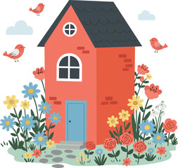 Charming cartoon cottage surrounded by vibrant flowers and flying birds a whimsical spring scene isolated on transparent background