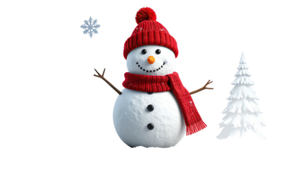 A cheerful snowman dressed in a red knitted hat and scarf.