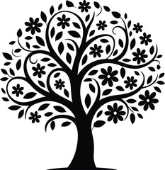 Decorative stylized tree with intricate floral branches and leaves silhouette