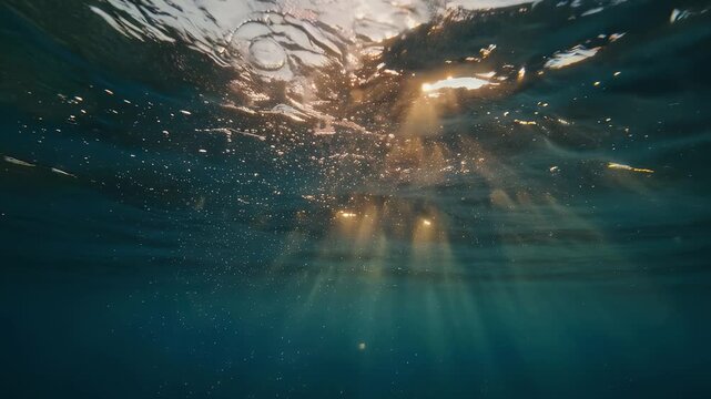 Sunlit Ocean Depths with Bubbles and Golden Rays Streaming Through Tranquil Blue Waters