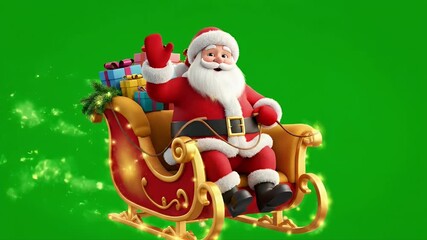 Animated Santa Claus character sitting in a festive sleigh with gifts, waving a hand on a chroma key green screen background.