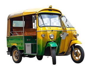 Obraz premium Modern Auto Rickshaw in Vibrant Yellow and Green, Street Perspective, Transparent PNG 
