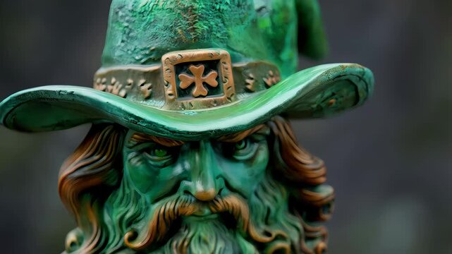 Close up view of a green leprechaun statue with a long beard and an angry expression, a symbol of Saint Patrick's Day celebration