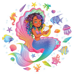 A beautiful dark-skinned mermaid with a harp is surrounded by fish, coral, and shells. Cartoon vector illustration.