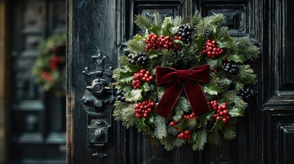 Naklejka premium Christmas Wreath Door Decor, Holiday Decoration Ideas