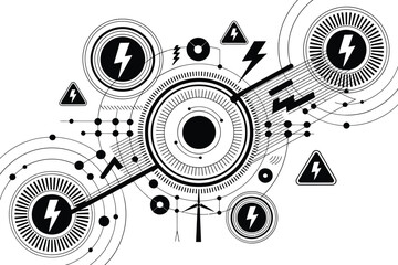 Obraz premium Illustration of electrical symbols and a wind turbine in black editable stock