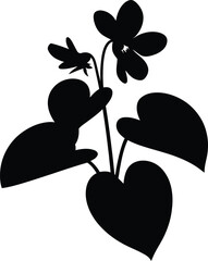 Delicate wild violet flower and leaves in a simple black silhouette