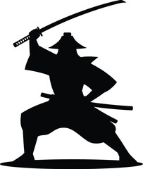 Dynamic silhouette of a fierce samurai warrior in action with katana sword