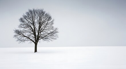 Solitary Winter Tree Silhouette Against Bleak, Minimalist Snowscape, Atmospheric Serenity.
