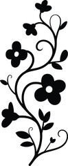 Elegant black floral vine silhouette with delicate flowers and leaves on white background