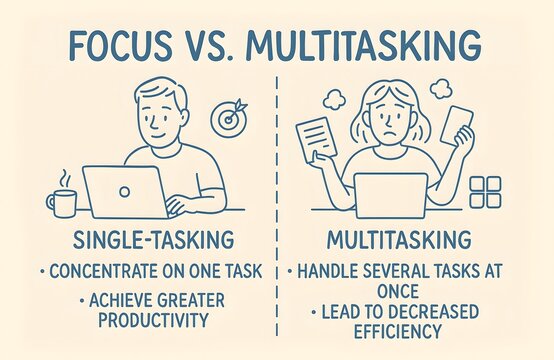 Infographic: focus vs multitasking explained &mdash; benefits of single-tasking and how multitasking reduces productivity, efficiency, and mental clarity