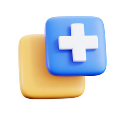 3D Rendered Blue and Yellow Add Symbol Icon on Transparent Background