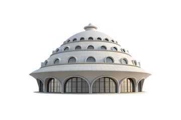 Fototapeta premium Futuristic white tiered dome structure with arched windows creating a wedding cake or ziggurat-like architectural form, isolated on a transparent background