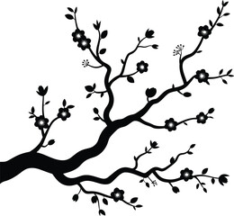 Elegant black silhouette of a blooming cherry blossom tree branch with delicate flowers
