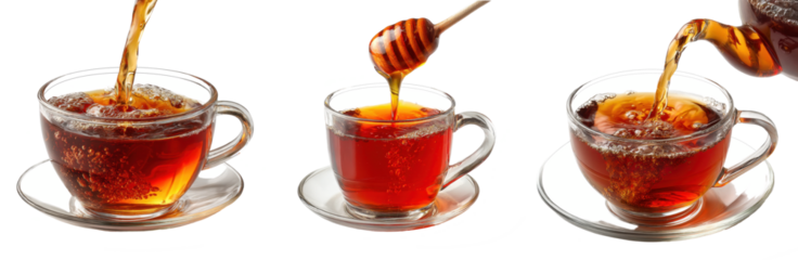 pouring tea in to glass cup isolated on transparent background