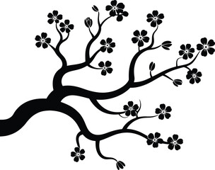 Elegant black silhouette of a blooming cherry blossom branch with delicate flowers on white background