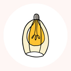 Bright yellow light bulb with rays shining, symbolizing ideas and creativity in a minimalist style. Light bulb doodle hand drawn icon. Outline Color drawing shining light bulb line clipart symbol.