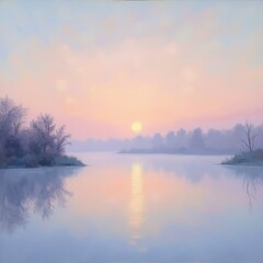 Fototapeta premium Peaceful sunrise over calm river landscape with warm pastel reflection