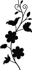 Elegant black silhouette of a delicate flowering vine with swirling stems and leaves