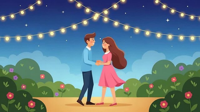 romantic couple dancing under string lights at night