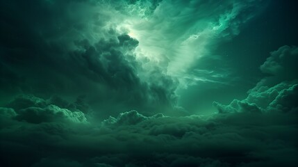 Ethereal green glowing cloudscape at night, northern lights inspired, surreal magical atmosphere.